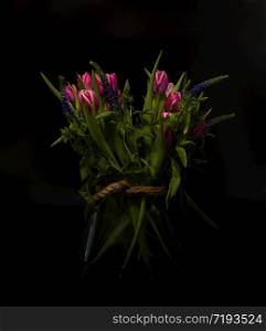 vase with purple dutch tulips still life with black background