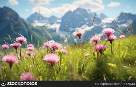 Vast alpine meadow dotted with vibrant wildflowers, with majestic snow-capped mountains in the backdrop. A serene and picturesque natural landscape. Created with generative AI tools. Vast alpine meadow dotted with vibrant wildflowers, with majestic snow-capped mountains in the backdrop. Created by AI tools