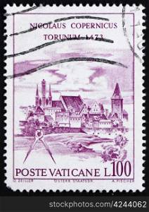 VATICAN - CIRCA 1973: a stamp printed in the Vatican shows View of Torun, Nicolaus Copernicus, Polish Astronomer, circa 1973