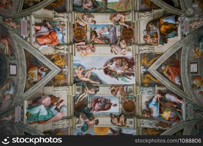 Vatican City, Rome, Italy - Oct 5, 2017: Ceiling of Sistine Chapel in the Vatican museum in Vatican City, Rome, Italy. Sistine Chapel is the major attractions to people and tourist visiting Italy.