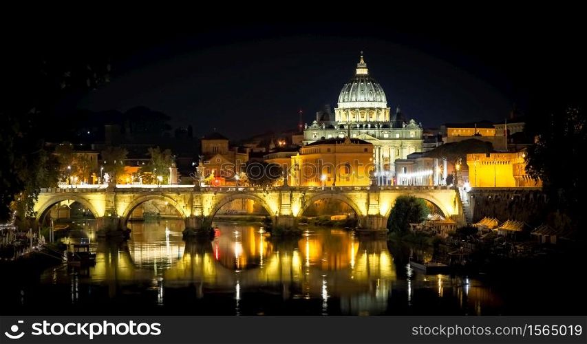 Vatican City, Rome: Saint Peter dome by night and bridge reflection on Tevere river