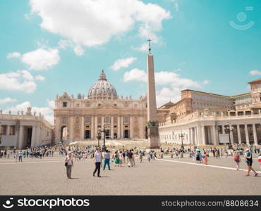 Vatican, Rome, 6 July, 2018. St. Peter’s Square full of tourists. View to St. Peter’s Basilica. Vatican is a holy place, the heart of Christian culture and religion.