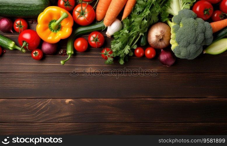 Ve≥tab≤s on old wood tab≤background. Top view. Ve≥tarian organic food ban≠r. Cooking ingredient - carrot, tomatoes, cucumber, pepper, broccoli, onion. Copy space. Created with≥≠rative AI tool. Ve≥tab≤s on old wood tab≤background. Top view. Ve≥tarian organic food ban≠r. Created by AI tools