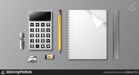 Vector and illustration of graphic style,Realistic corporate identity design Book set,calculator,eraser,pencil,Ruler,Sharpener,USB Flashdrive.