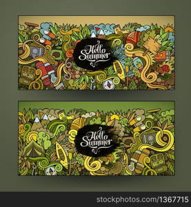 Vector banner templates set with doodles camping theme. banner templates set with doodles camping theme