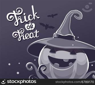 Vector black and white halloween illustration of decorative pumpkin in witch hat with eyes, smile, teeth, bats and text trick or treat. Flat style design for halloween greeting card, poster, web, site, banner.