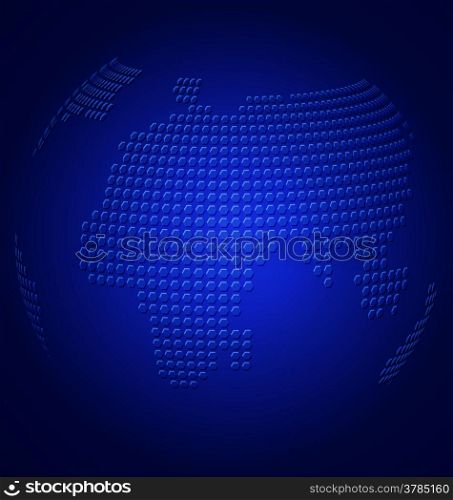 Vector blue globe with embossed world map on dark blue background.&#xA;&#xA;