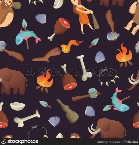 Vector cartoon cavemen background or pattern illustration. Hunting and primitive character. Vector cartoon cavemen pattern illustration