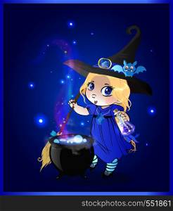 Vector cartoon halloween illustration of little blonde baby witch girl in costume and cute bat on her hat stir boiling potion with broomstick in cauldron on blue sparkling glowing background.. Kawaii baby girl witch with broomstick and cauldron on sparkling blue background