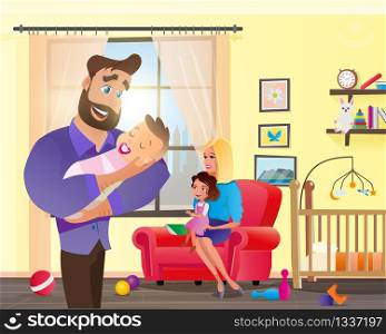 Vector Cartoon Illustration Concept Happy Family. Image Young Bearded Man Holding Newborn Baby. Smiling Mother and Daughter are Sitting on Red Chair near Window. Child Room with Furniture for Baby