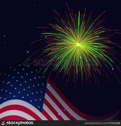 Vector celebration golden red green fireworks and United States flag background. Independence Day, 4th of July holidays salute greeting card.