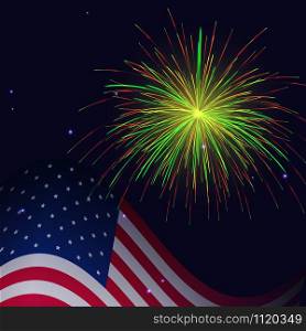 Vector celebration golden red green fireworks and United States flag background. Independence Day, 4th of July holidays salute greeting card.