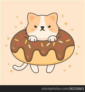 Vector character of cute cat in a chocolate doughnut