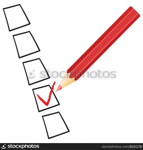 Vector check mark symbol and icon on red checklist with pen for business design concept and web graphic, EPS 10 illustration on white background.