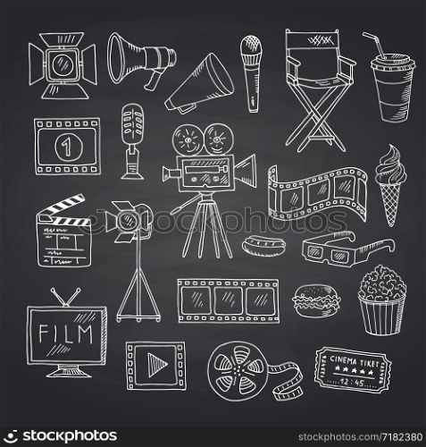 Vector cinema doodle icons on black chalkboard illustration. Film entertainment drawing, media cinematography. Vector cinema doodle icons on black chalkboard illustration