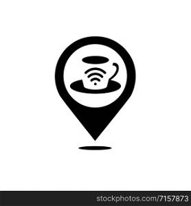 Vector coffee, WiFi and map pointer symbol combination. internet cafe and GPS locator symbol or icon