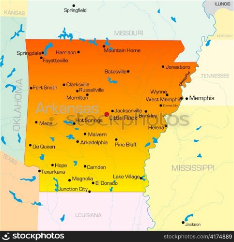 Vector color map of Arkansas state. Usa