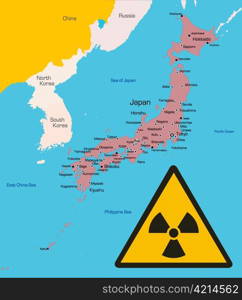 vector color map of Japan country with radiation sign. Data sourse: nasa web site.