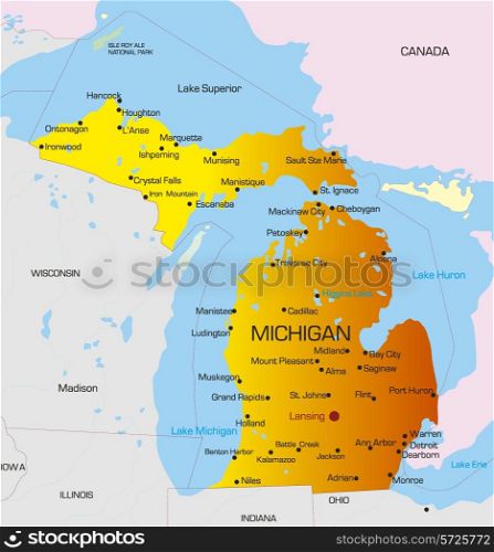 Vector color map of Michigan state. Usa