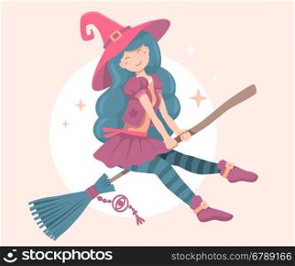 Vector colorful halloween illustration of witch character with hat flying on a broomstick on the moon light background. Flat style design for halloween greeting card, poster, banner, web, site