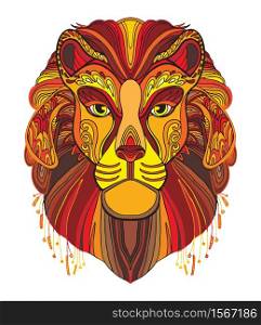 Vector colorful ornamental portrait of lion. Decorative abstract vector contour illustration isolated on white background. For adult coloring, design, print, T Shirt, decoration and tattoo.. Lion colorful vector