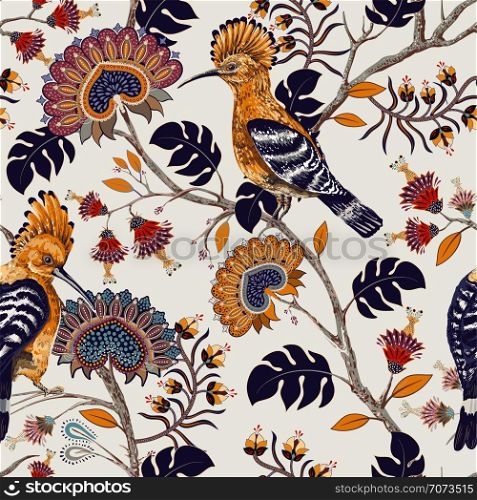 Vector colorful pattern with birds and flowers. Hoopoes and flowers, retro style, floral backdrop. Spring, summer flower design for web, wrapping paper, cover, textile, fabric, wallpaper, web. Vector colorful pattern with birds and flowers. Hoopoes and flowers, retro style, floral backdrop. Spring, summer flower design for web, wrapping paper, cover, textile, fabric, wallpaper