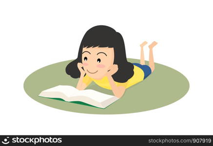 Vector concept illustration happy girl reading a book on the floor