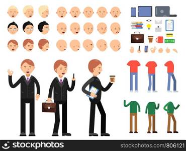 Vector constructor of business characters. Men in costume with different emotions and poses. Man constructor, business costume, pose and emotion illustration. Vector constructor of business characters. Men in costume with different emotions and poses