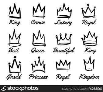 Vector crown logo. Hand drawn graffiti sketch and signs collections for king and queen. Black brush line isolated on white background. Vector crown logo. Hand drawn graffiti sketch and signs collections. Black brush line isolated on white background