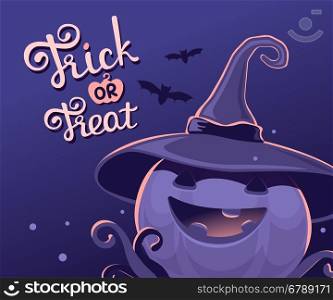 Vector dark blue halloween illustration of decorative pumpkin in witch hat with eyes, smile, teeth, bats and text trick or treat. Flat style design for halloween greeting card, poster, web, site, banner.