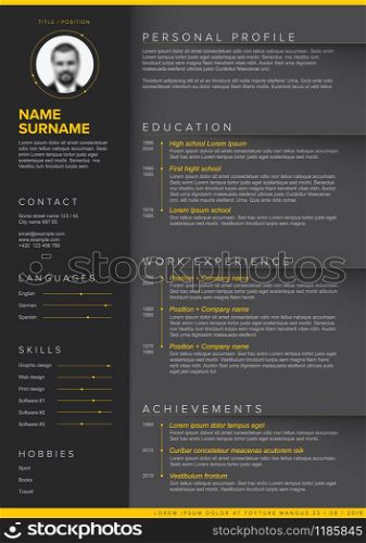 Vector dark minimalist cv / resume template with yellow accent and nice typogrgaphy design . Wedding invitation template