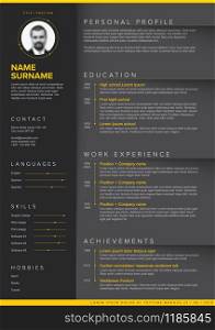Vector dark minimalist cv / resume template with yellow accent and nice typogrgaphy design . Wedding invitation template