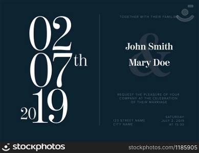 Vector dark Typography Wedding invitation card template with big white numbers