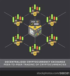 vector decentralized cryptocurrency exchange principal scheme peer-to-peer trading infographic blockchain network technology digital business concept illustration. cryptocurrency blockchain technology concept