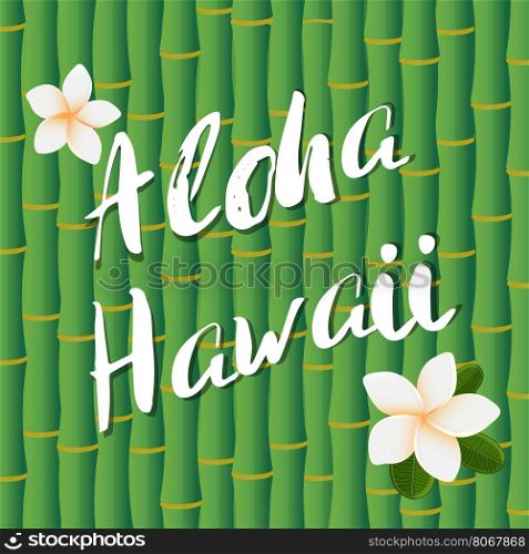 Vector design of Aloha Hawaii brush lettering text on bamboo stems background and frangipany flowers.. Vector design of Aloha Hawaii brush lettering text on bamboo stems background and frangipany flowers. Tropical Poster or banner design