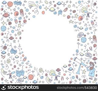 Vector design of astronomer and astronomic objects. Round frame with empty space for text.