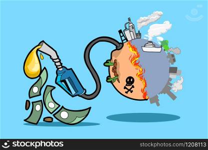 Vector drawing illustration of Earth environment pollutions. Human use Fossil fuel and destroyed this world turn to desert by global warming everyday. editable with layers.