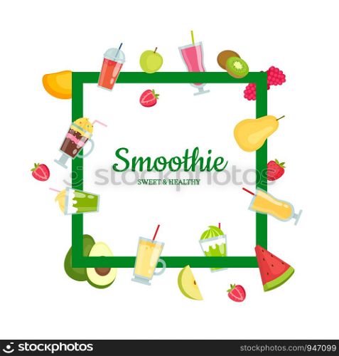 Vector flat smoothie elements flying around frame with place for text illustration isolated on white. Vector flat smoothie elements with place for text illustration