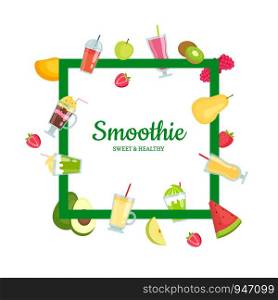 Vector flat smoothie elements flying around frame with place for text illustration isolated on white. Vector flat smoothie elements with place for text illustration