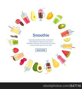 Vector flat smoothie elements in circle shape with place for text illustration isolated on white background. Vector flat smoothie in with place for text