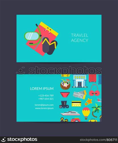 Vector flat travel elements business card template for travel agency or travel and vacation equipment shop illustration. Vector travel business card template for travel agency