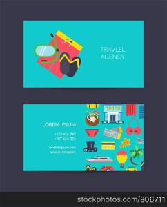 Vector flat travel elements business card template for travel agency or travel and vacation equipment shop illustration. Vector travel business card template for travel agency