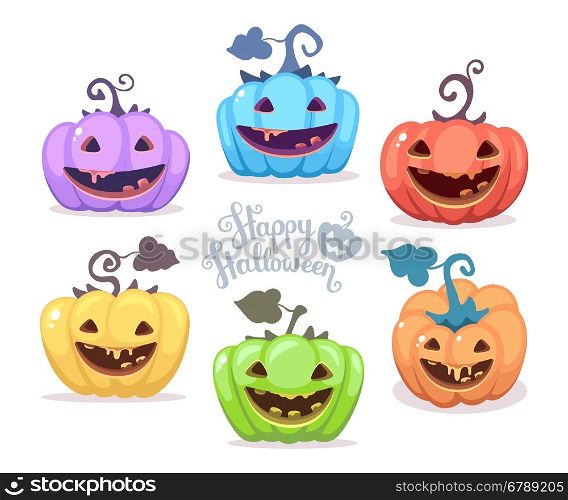 Vector halloween illustration of collection decorative colorful pumpkins with eyes, smiles, teeth and text happy halloween on white background. Flat style design for halloween greeting card, poster, web, site, banner.