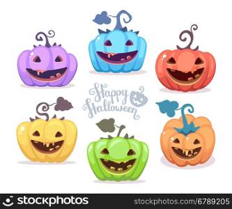 Vector halloween illustration of collection decorative colorful pumpkins with eyes, smiles, teeth and text happy halloween on white background. Flat style design for halloween greeting card, poster, web, site, banner.