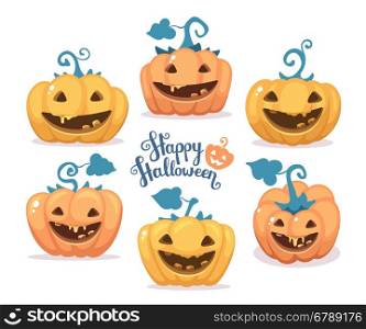 Vector halloween illustration of collection decorative orange and yellow pumpkins with eyes, smiles, teeth and text happy halloween on white background. Flat style design for halloween greeting card, poster, web, site, banner.