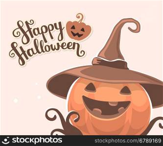 Vector halloween illustration of decorative orange pumpkin in witch hat with eyes, smile, teeth and text happy halloween on light background. Flat style design for halloween greeting card, poster, web, site, banner.