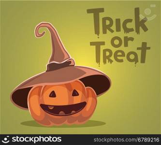 Vector halloween illustration of decorative orange pumpkin in witch hat with eyes, smile, teeth and text trick or treat on green background. Flat style design for halloween greeting card, poster, web, site, banner.