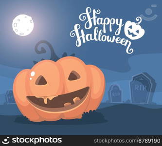 Vector halloween illustration of decorative orange pumpkin with eyes, smile, full moon, headstone at the cemetery and text happy halloween. Flat style design for halloween greeting card, poster, web, site, banner.