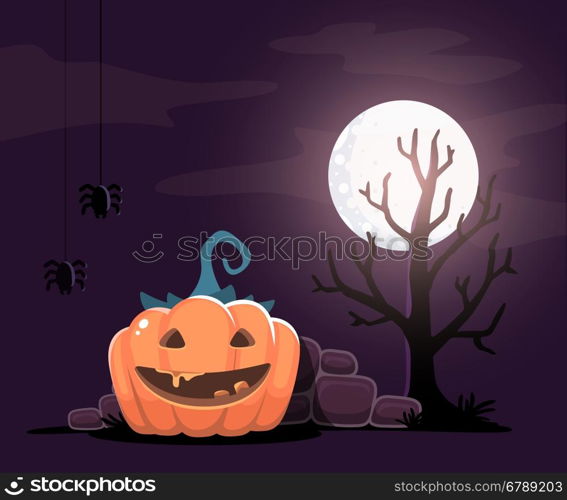 Vector halloween illustration of decorative orange pumpkin with eyes, smile, teeth, spiders, tree, moon on night background. Flat style design for halloween greeting card, poster, web, site, banner.