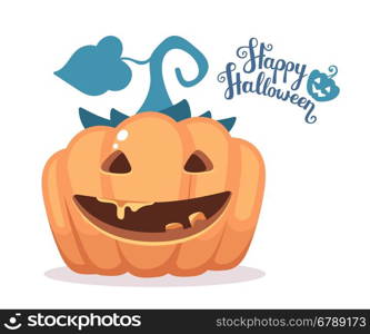 Vector halloween illustration of decorative orange pumpkin with eyes, smiles, teeth and text happy halloween on white background. Flat style design for halloween greeting card, poster, web, site, banner.